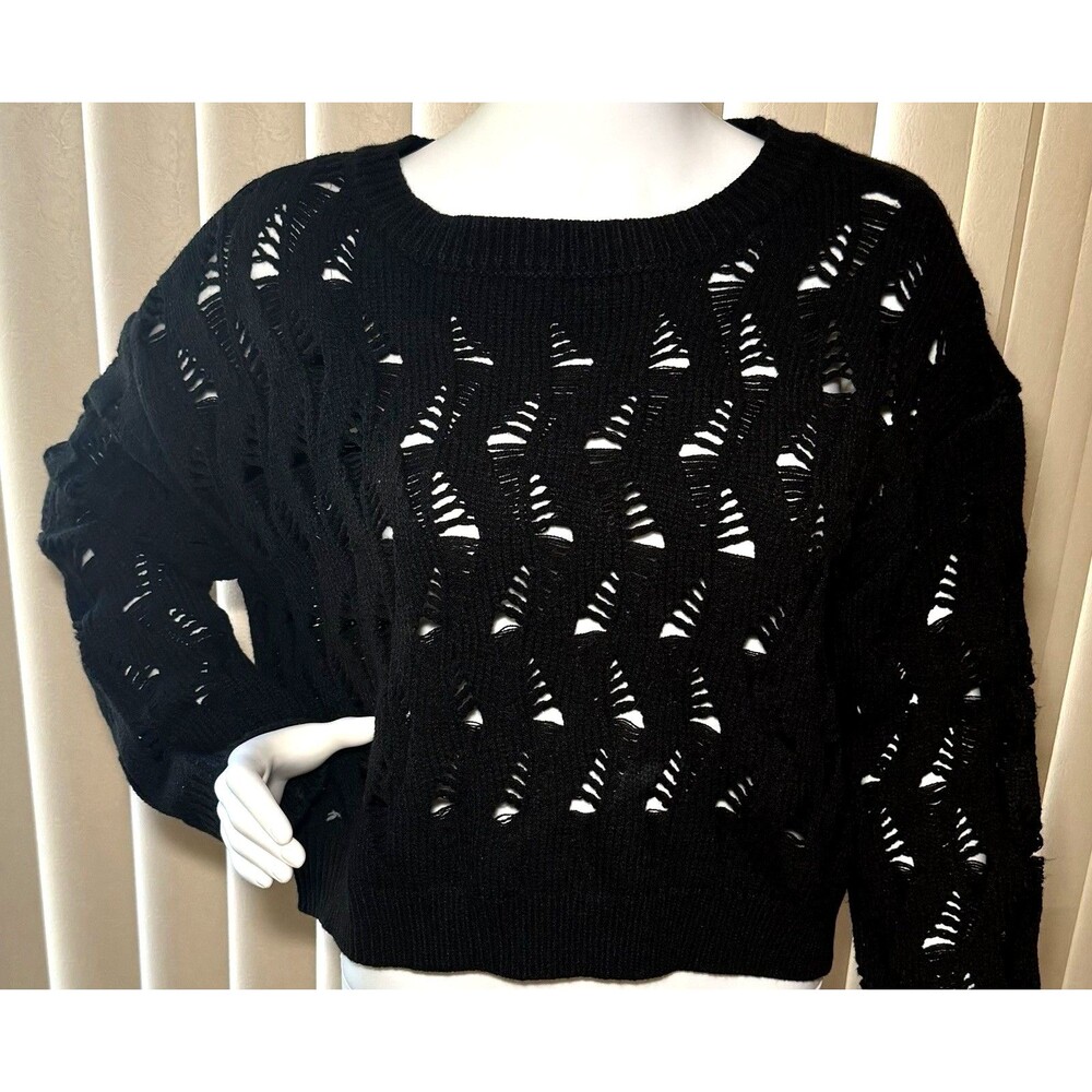 Black Distressed Cropped Sweater Womens Medium Shredded Knit Grunge Goth